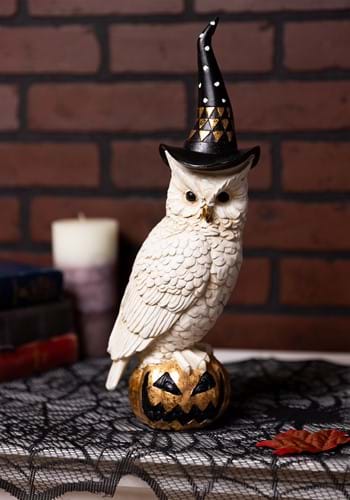 14" White & Gold Owl w/Witch Hat on Gold Jack-O-La