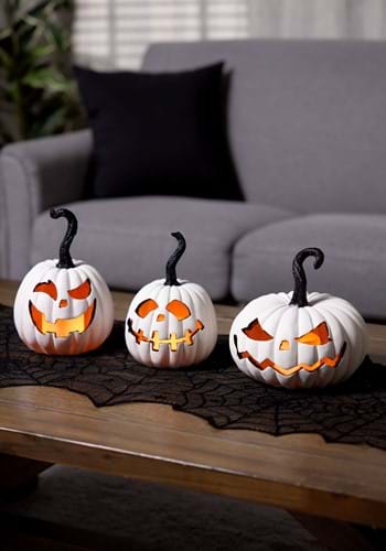 Set of 3 White Resin LED Flicker Flame Jack O Lanterns