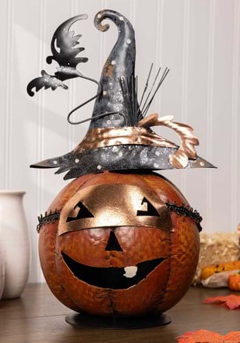13" Metal Jack O Lantern W/ Witch Hat and Bat
