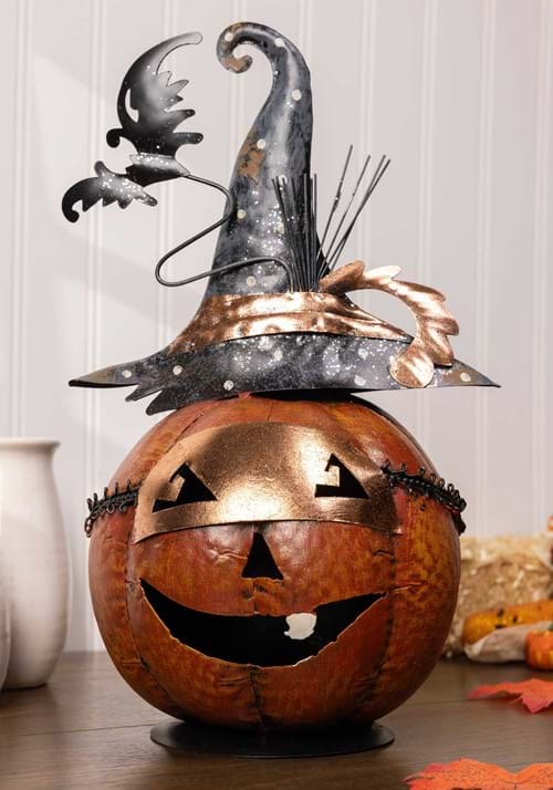 13" Metal Jack O Lantern W/ Witch Hat and Bat