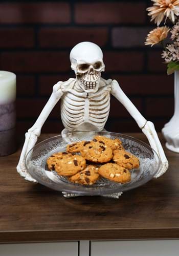 10" Resin Sitting Skeleton Holding Glass Plate