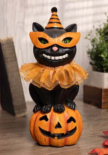 8 Inch Black Cat with Party Hat On LED Pumpkin