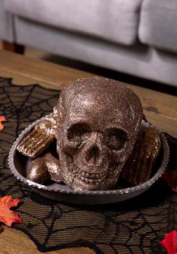 Light Up Gold Glitter Skull and Bones on a plate