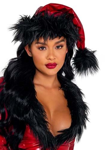 Red Vinyl with Black Faux Fur Santa Hat
