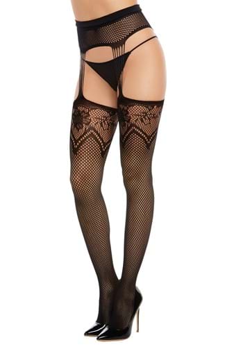 Womens Black High Waist Fishnet Garter Belt