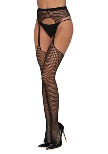 Womens Black High Waist Fishnet Garter Belt
