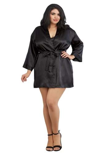 Plus Size Black Charmeuse Chemise Robe