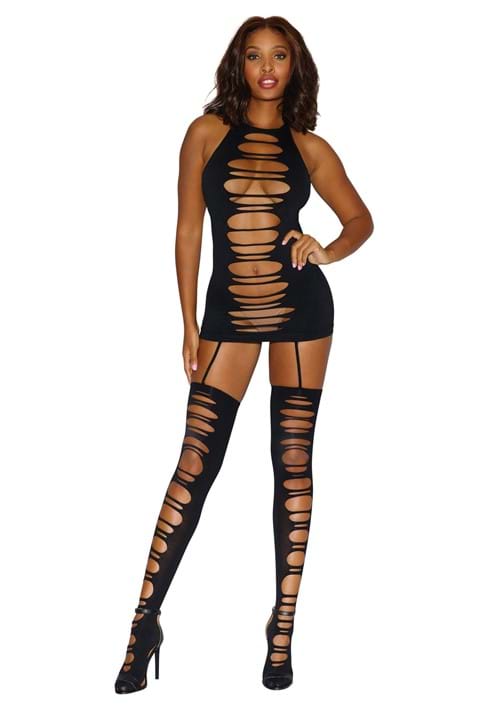 Womens Black Opaque Slash Garter Dress